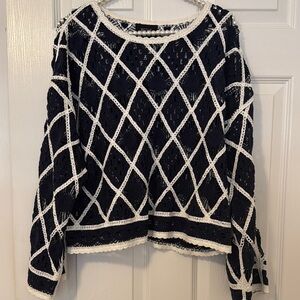 Navy and White Women's crochet top
